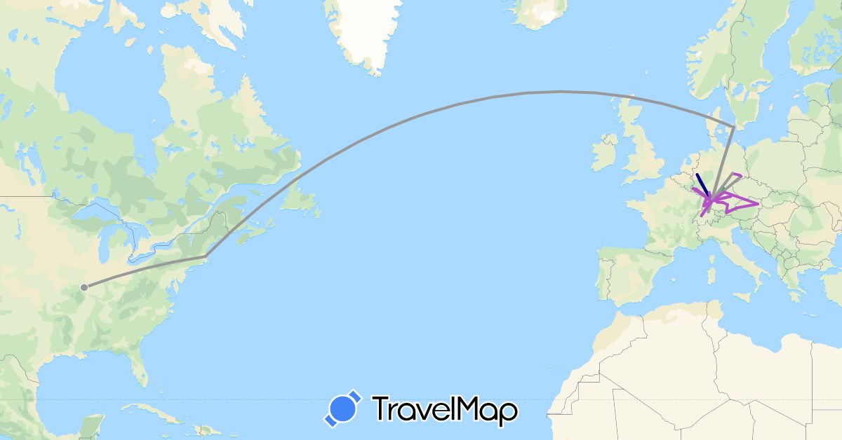 TravelMap itinerary: driving, bus, plane, cycling, train in Austria, Switzerland, Germany, Denmark, Luxembourg, United States (Europe, North America)